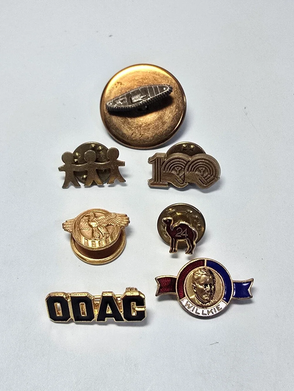 Vintage Lot Of 7 Brass Lapel Pins Military WWII,United Way,Sobriety,Athletic